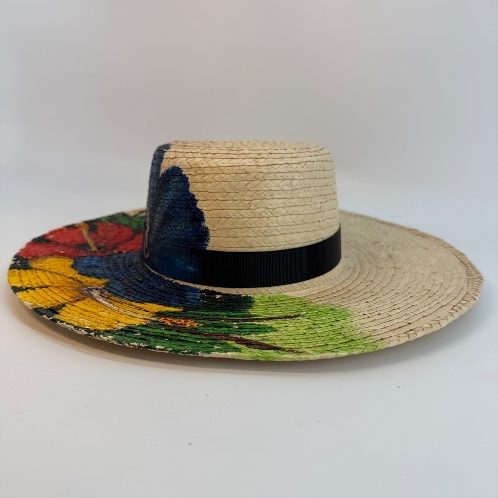 BOHO Hand Painted Artesian Signed Lilly Fedora Hat Floral Artsy SZ Large Ribbon - Picture 4 of 11